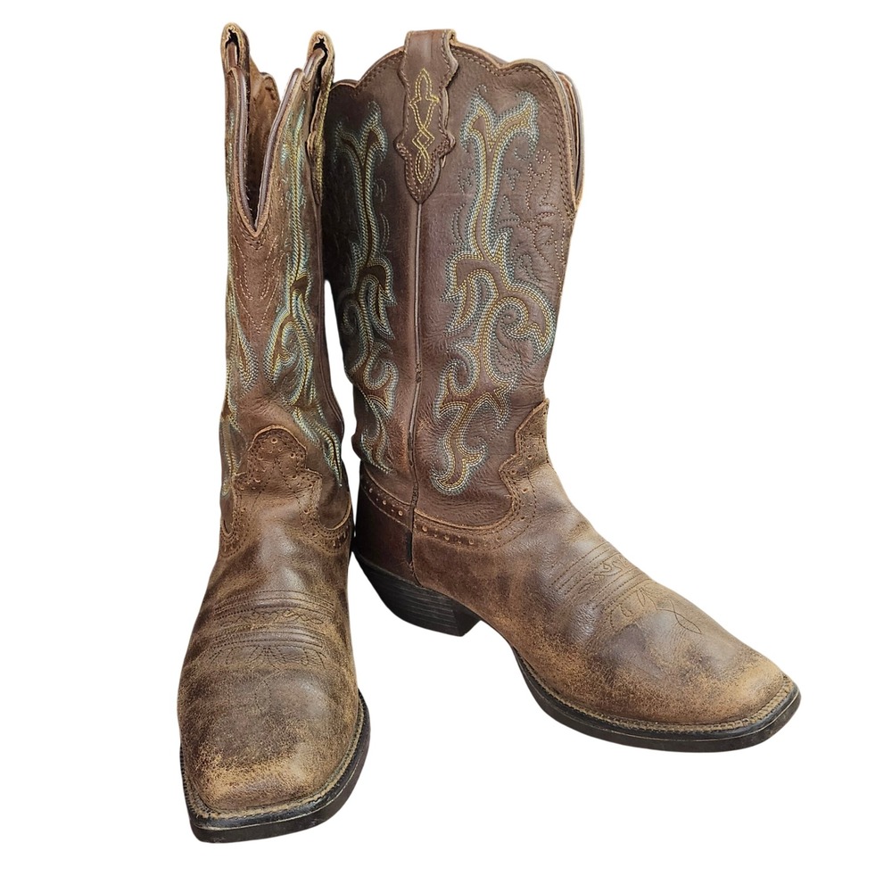 Justin Womens Western Cowboy Boots Brown Leather Square Toe Embroidered 8.5C
